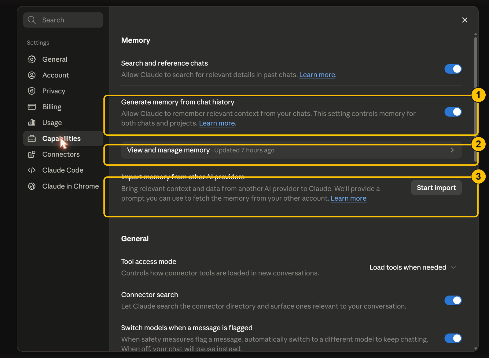 מסך הגדרות הזיכרון של Claude — Settings ‹ Capabilities ‹ Memory: Generate memory from chat history, View and manage memory, Import memory from other AI providers