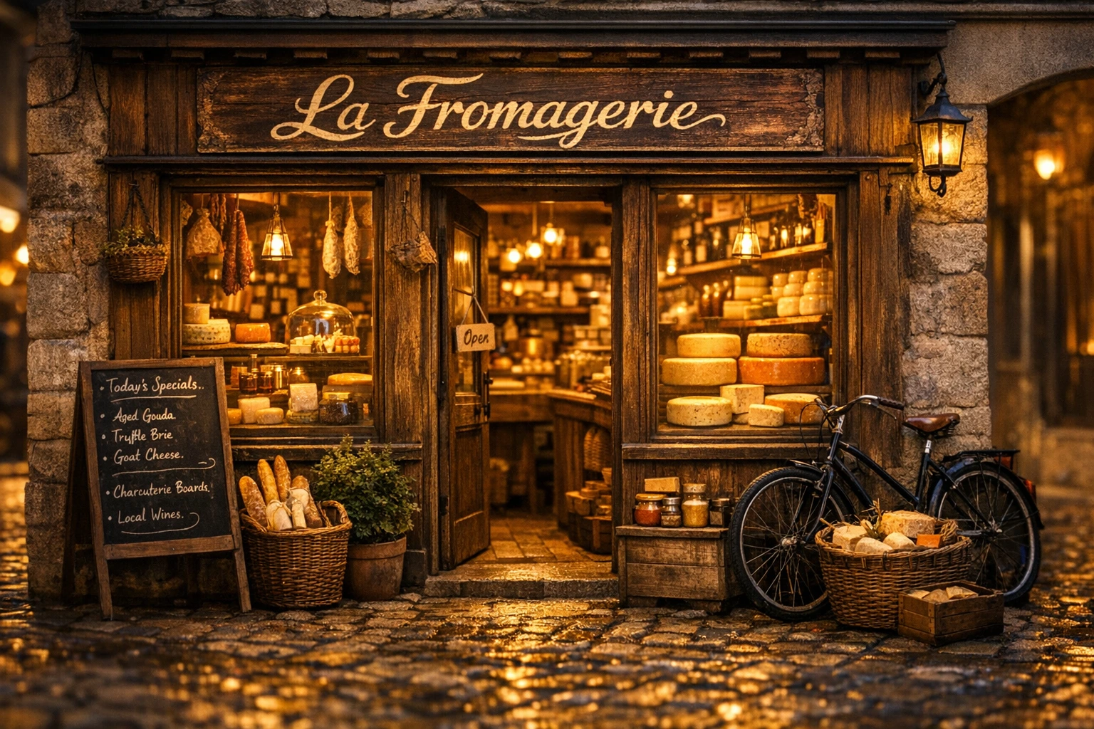 חנות גבינות La Fromagerie — סצנה עשירה עם תפריט גיר קריא