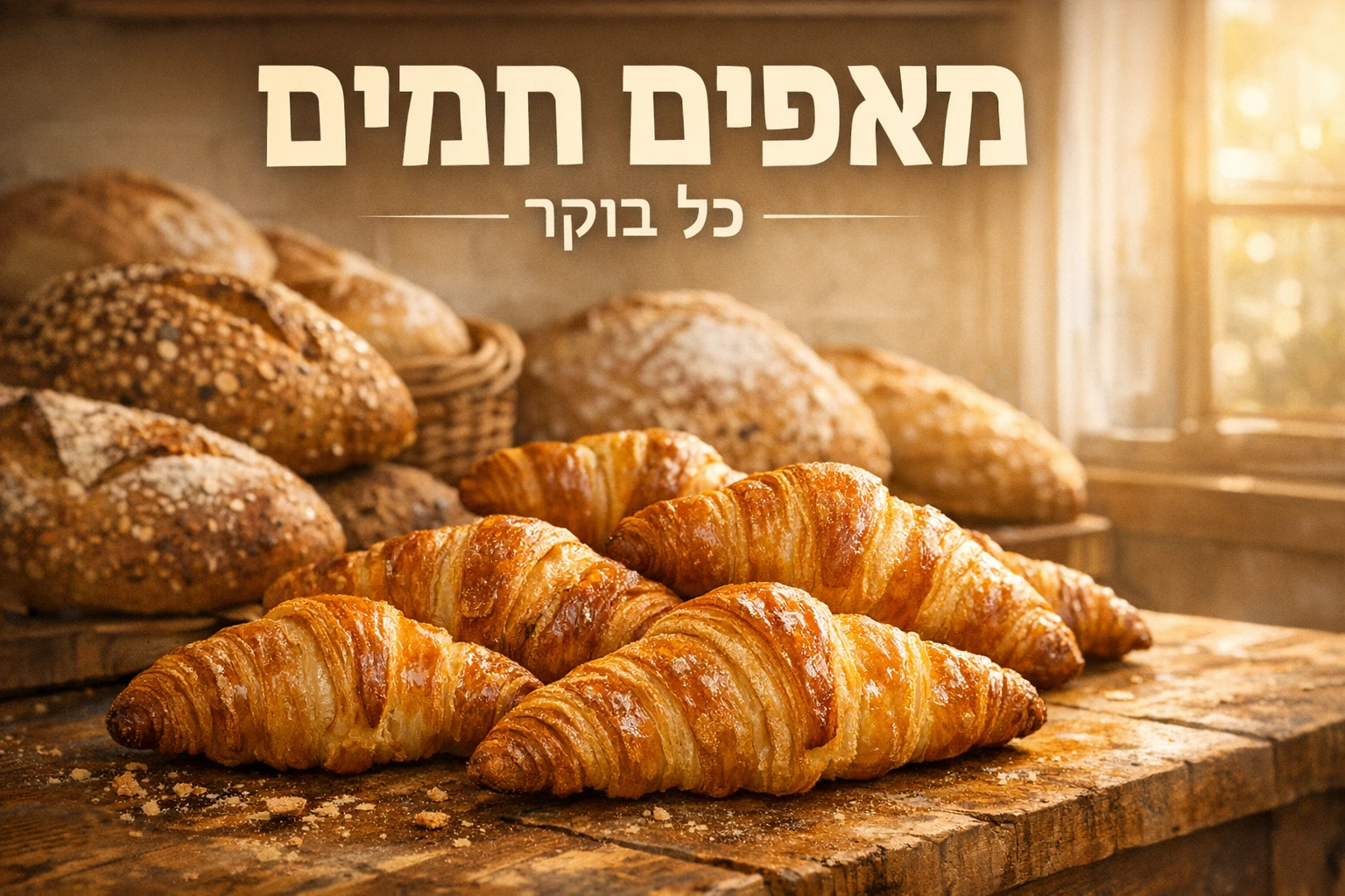 פוסטר מאפייה עם עברית מדויקת: מאפים חמים כל בוקר