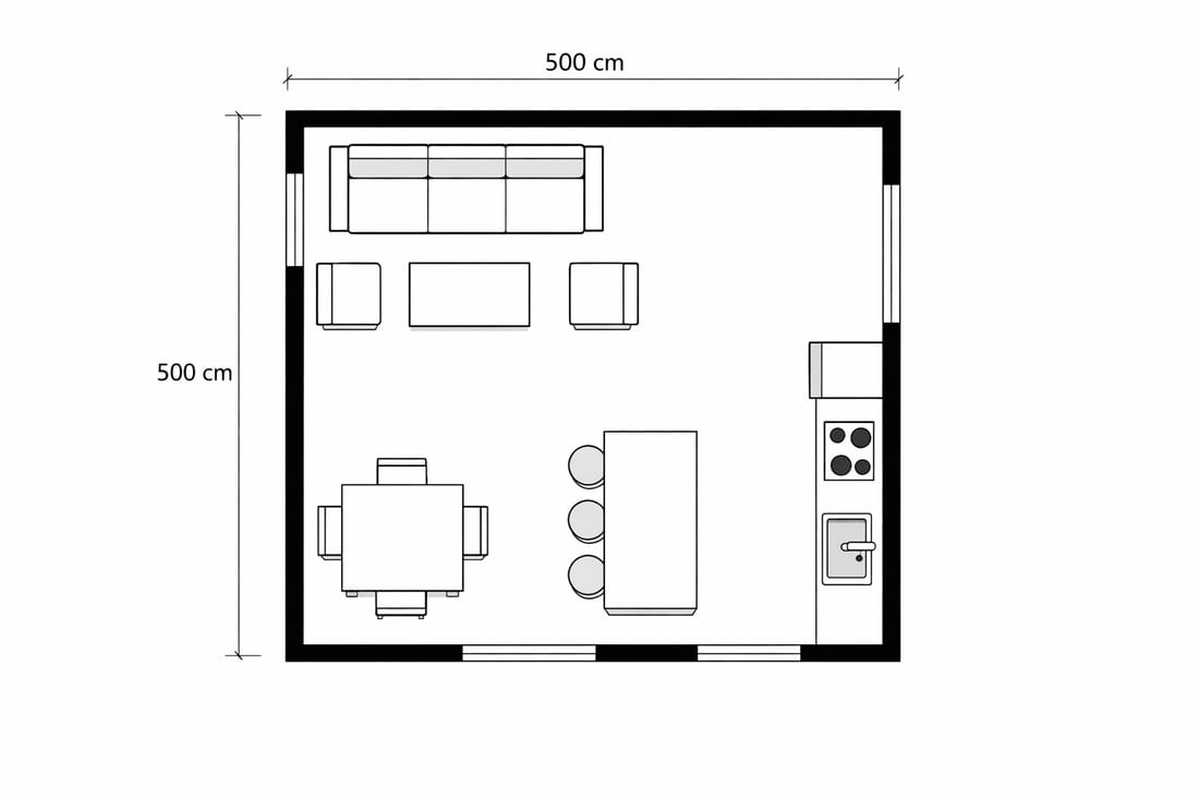 תוכנית-קומה דו-ממדית שנוצרה ב-Homestyler AI Planner עבור סלון ומטבח פתוח